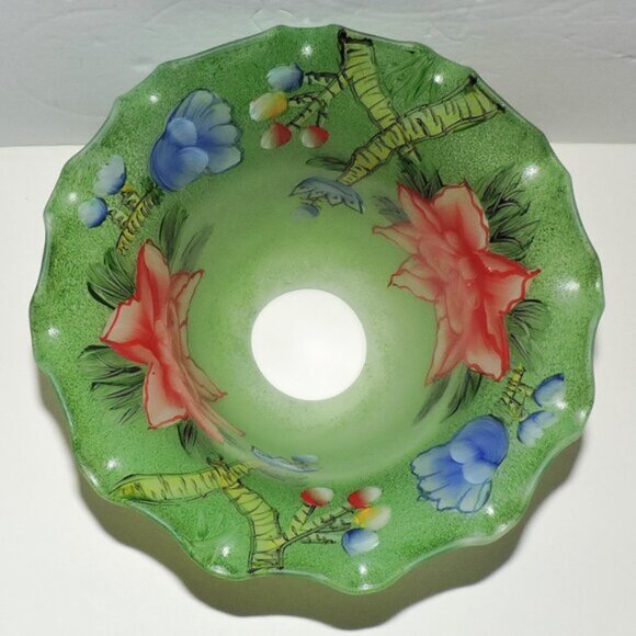 Green Frosted Glass Lampshade With Floral Print Ruffled Edges Home Decor - Picture 6 of 6